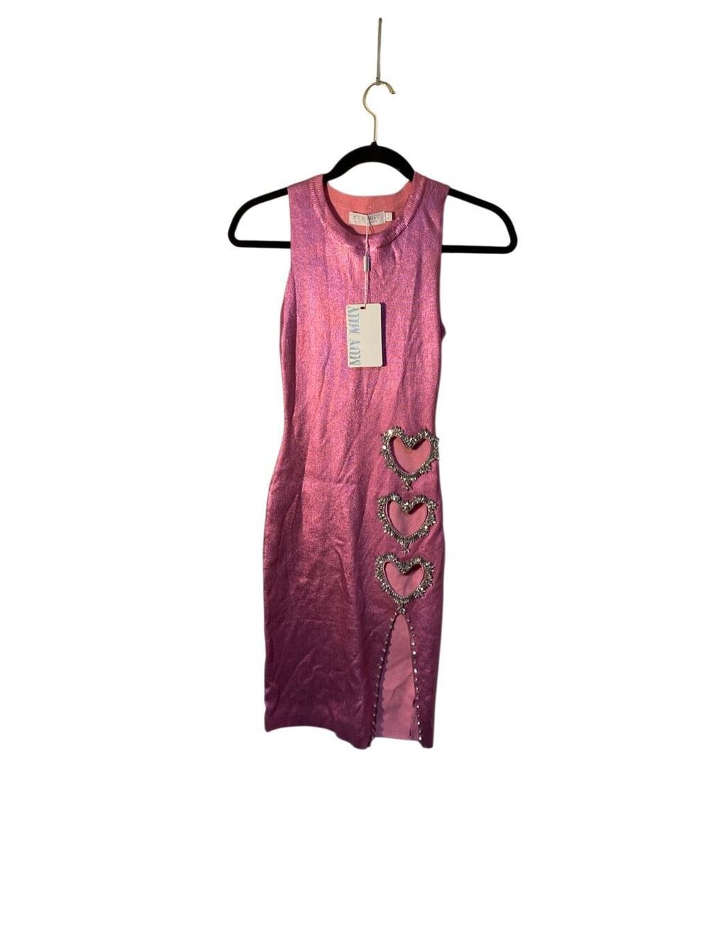 NWT Muy Muy pink rhinestone, heavily embellished body con dress S